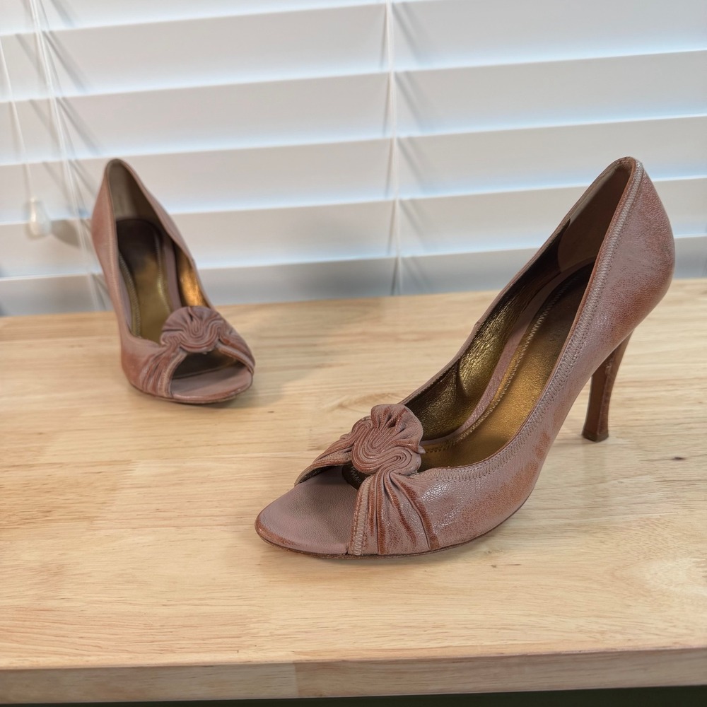 Bottega Veneta Stiletto Heels Women's Brown Leather Slip-On Peep Toe - 8.5